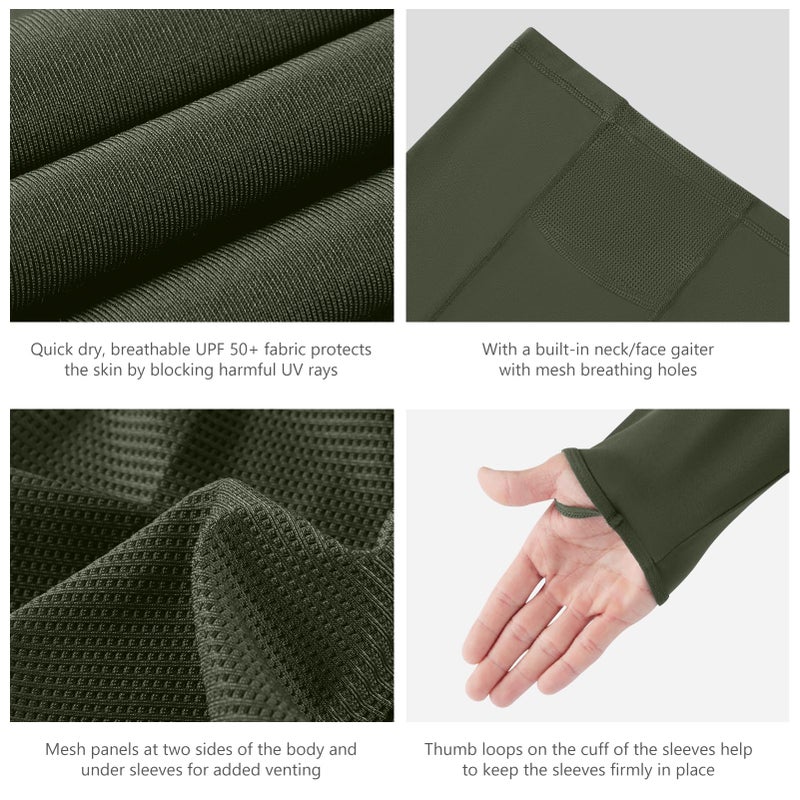 BASSDASH UPF 50+ Mens Long Sleeve Fishing Shirt with Mask UV Neck Gaiter Hoodie Olive Green - Image 4